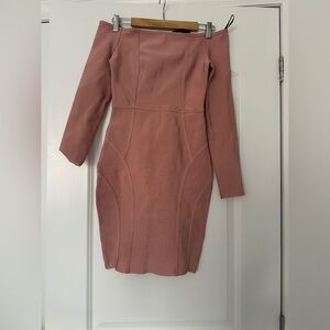 Women’s Pink Bandage Bodycon Dress – Off Shoulder, Long Sleeve,